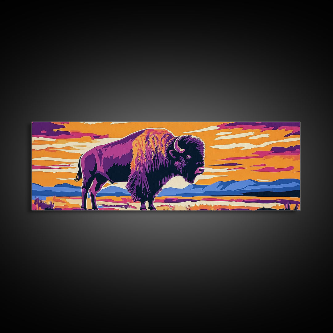 Bison, sunset, southwest wall art, buffalo, pink orange wall art, panoramic art, framed canvas print, extra wide art, rustic decor