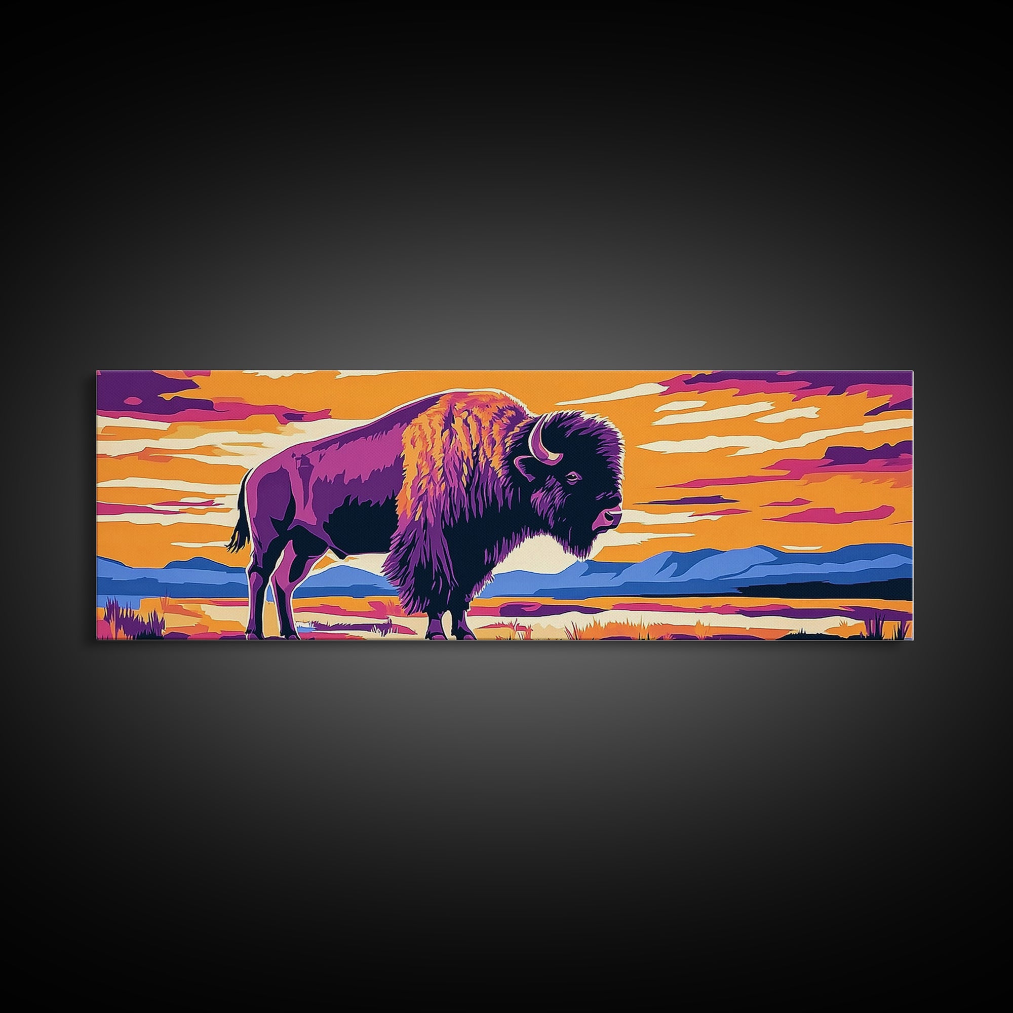 Bison, sunset, southwest wall art, buffalo, pink orange wall art, panoramic art, framed canvas print, extra wide art, rustic decor