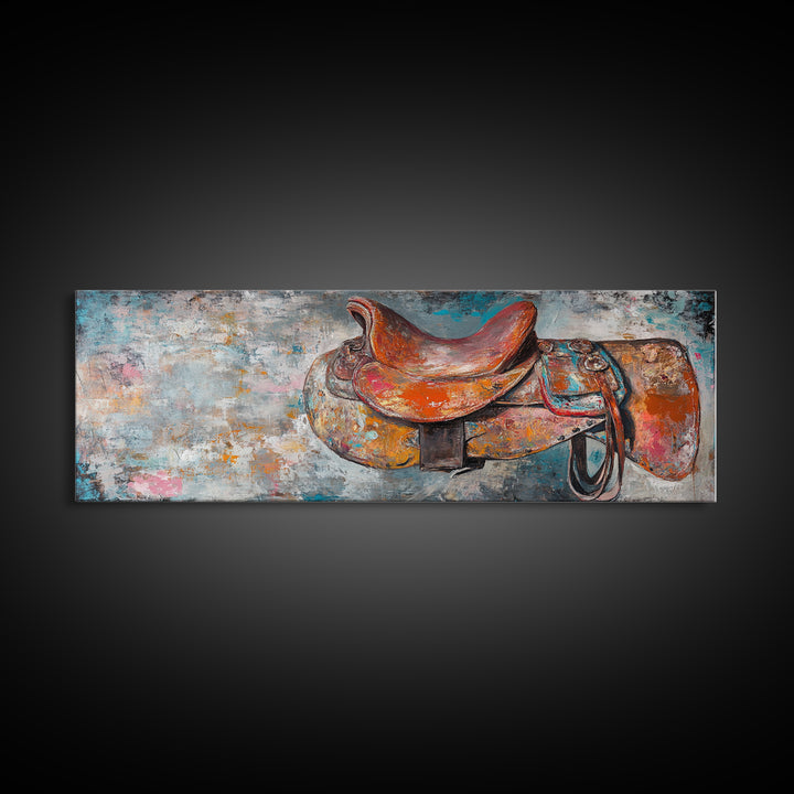 Abstract Saddle, horse wall art, abstract art, rustic decor, extra wide art, framed canvas print, above sofa art, living room decor