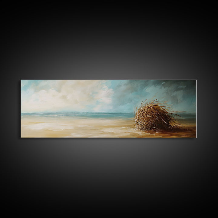 Beach Tumbleweed Art, Coastal Landscape, Seascape Painting, Nautical Wall Art, Wabi Sabi Art, Framed Canvas Print, Rustic Decor