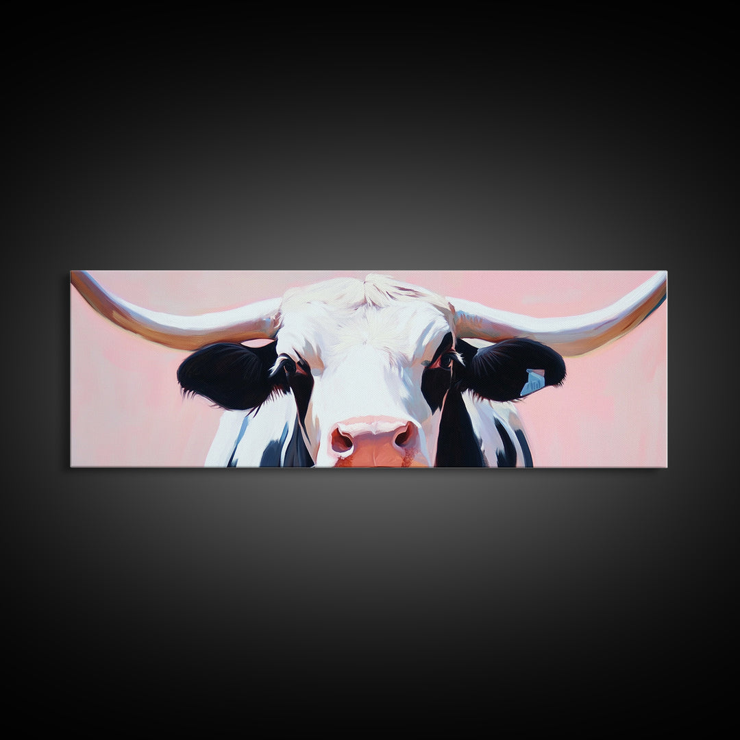 Black and White Cow Art, Light Pink Wall Art, Southwest Wall Art, Coastal Cowgirl Wall Art, Framed Canvas Print, Rustic Decor