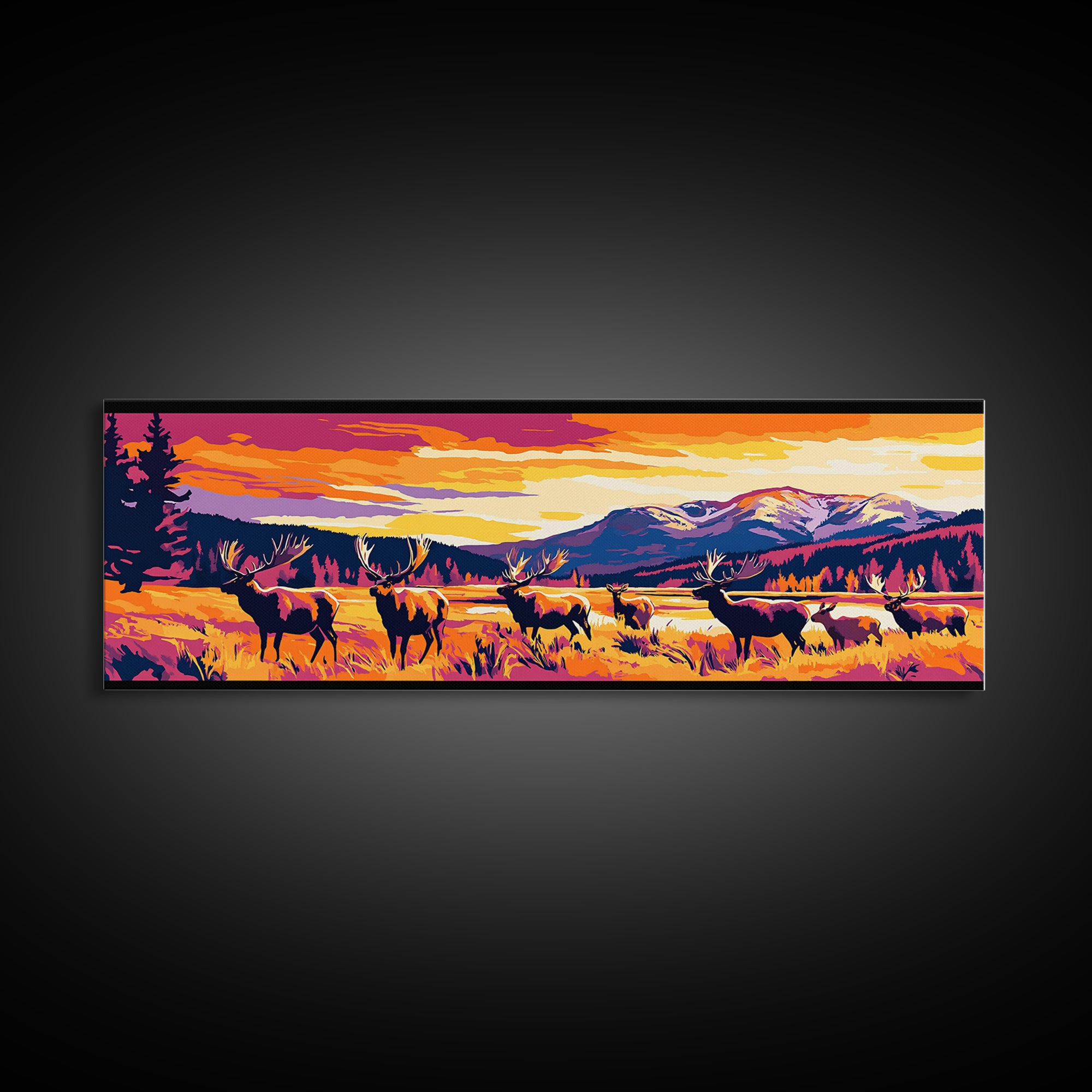 Vibrant Elk Painting, Sunset Mountain Art, Southwest Wall Art, Bold Color Art, Pink Orange Wall Art, Framed Canvas Print, Boho Art