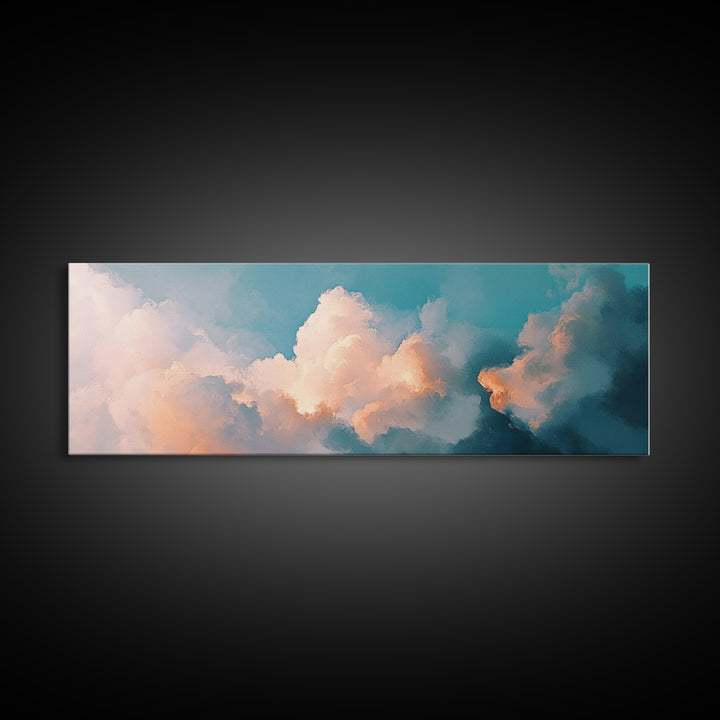 Cloud painting, sky wall art, soft pastel art, extra wide art, bedroom art, panoramic painting, framed canvas print, wabi sabi art