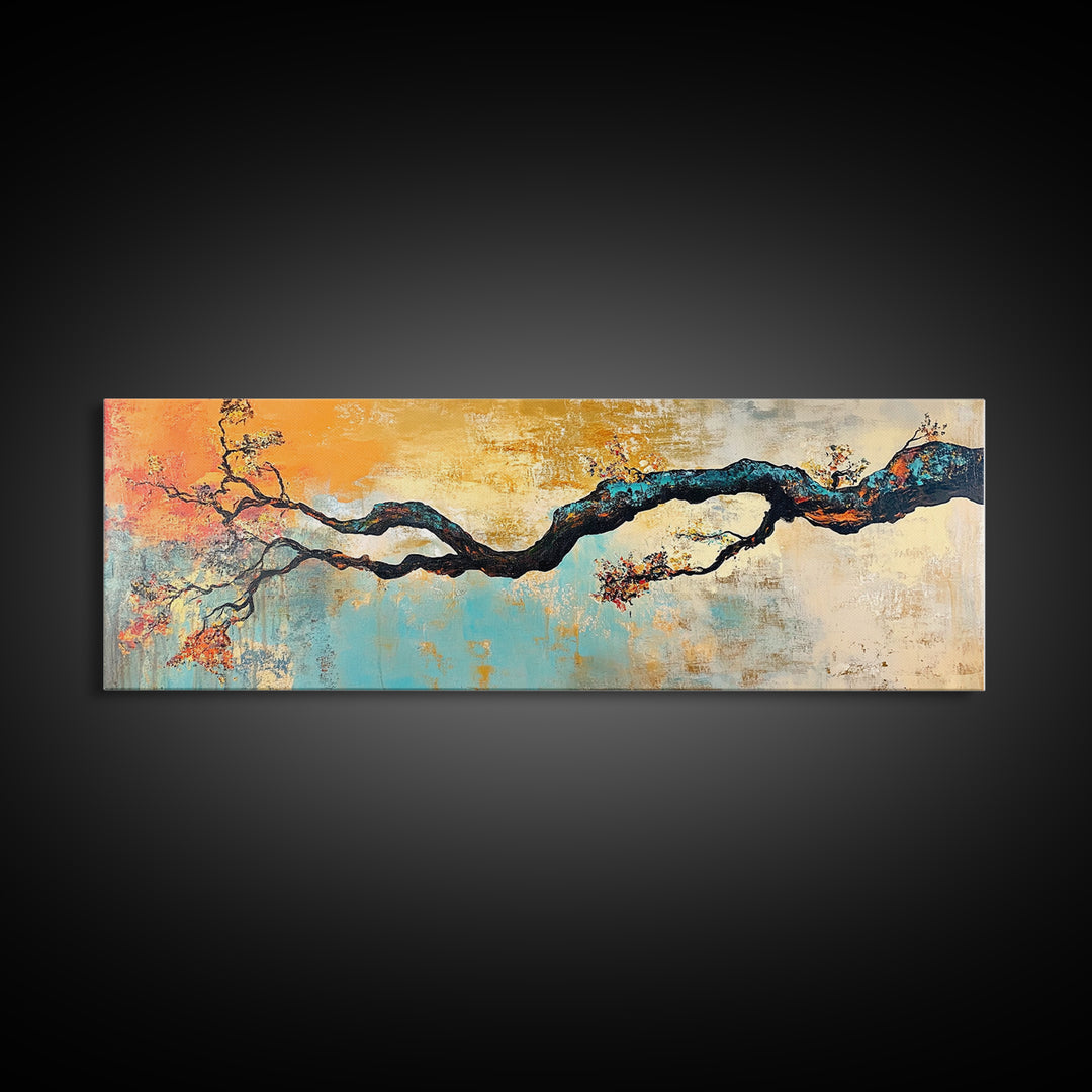 Birch tree painting, autumn decor, extra wide art, botanical prints, nature wall art, framed canvas print, long narrow wall art, wabi sabi art