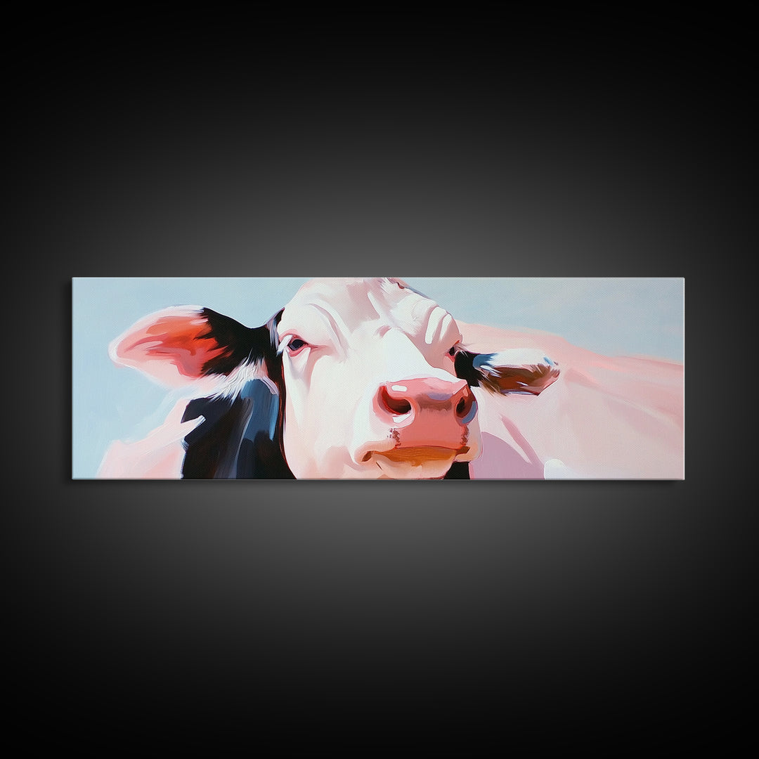 Cow painting, farmhouse art, rustic decor, barn landscape oil painting, extra wide art, framed canvas print, whimsical art, light pink wall art