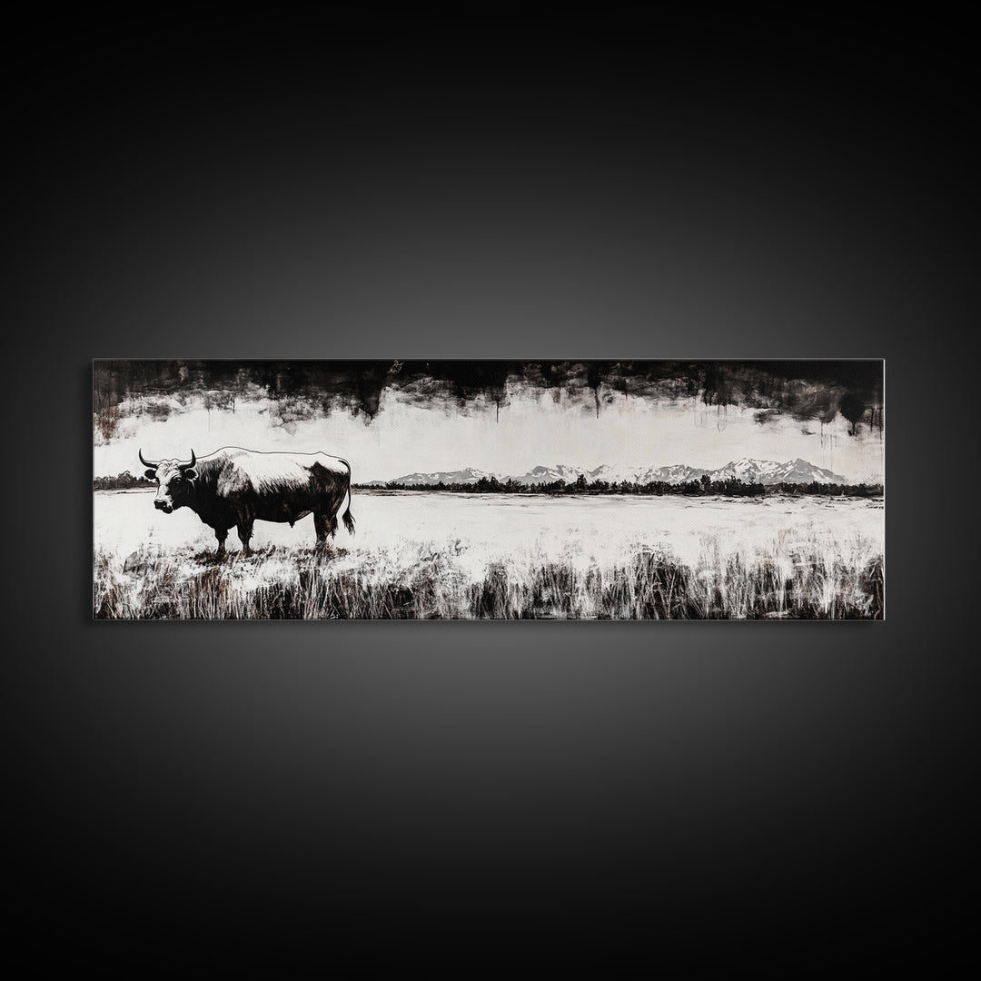 Bull and bear art, black and white painting, rustic wall art, farmhouse decor, extra wide art, framed canvas print, moody art, landscape painting
