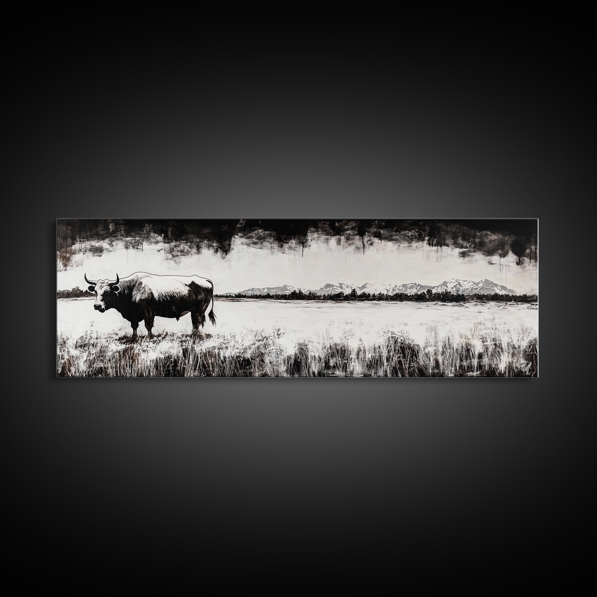 Bull and bear art, black and white painting, rustic wall art, farmhouse decor, extra wide art, framed canvas print, moody art, landscape painting
