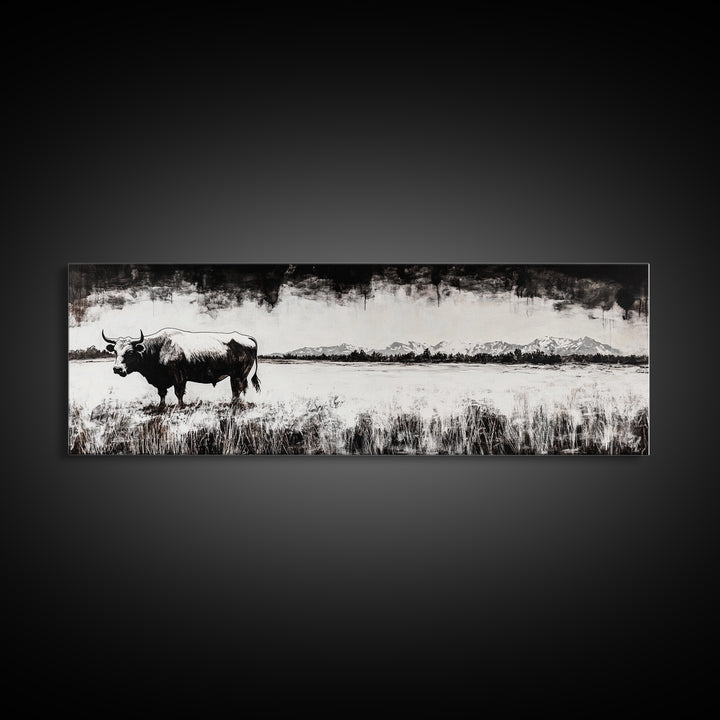 Bull and bear art, black and white painting, rustic wall art, farmhouse decor, extra wide art, framed canvas print, moody art, landscape painting
