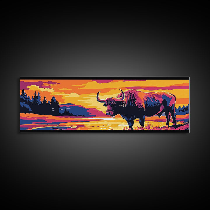 Buffalo painting, colorful animal art, rustic decor, extra wide art, framed canvas print, southwest wall art, landscape painting, wild west art