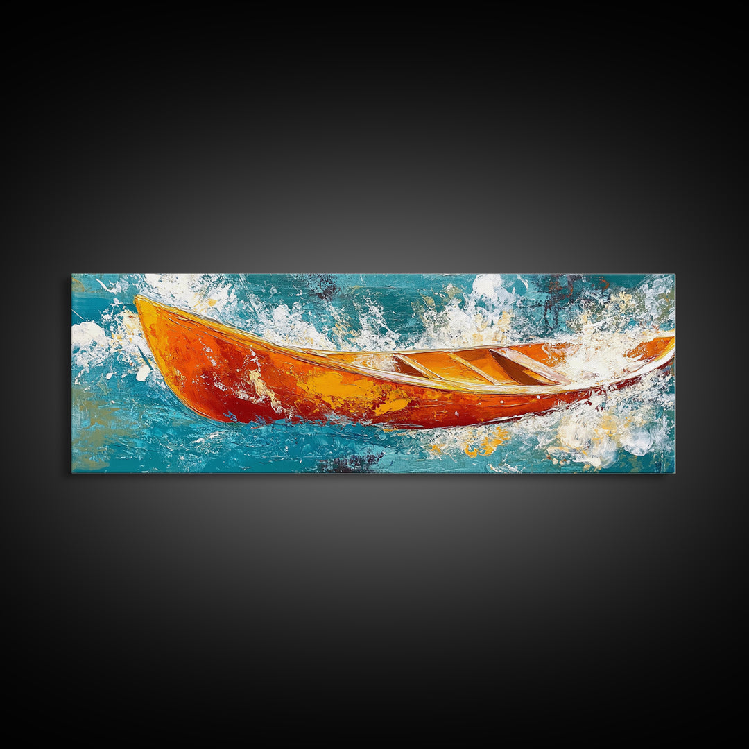 Boat in Waves, coastal wall art, nautical painting, extra wide horizontal art, ocean decor, farmhouse art, framed canvas print