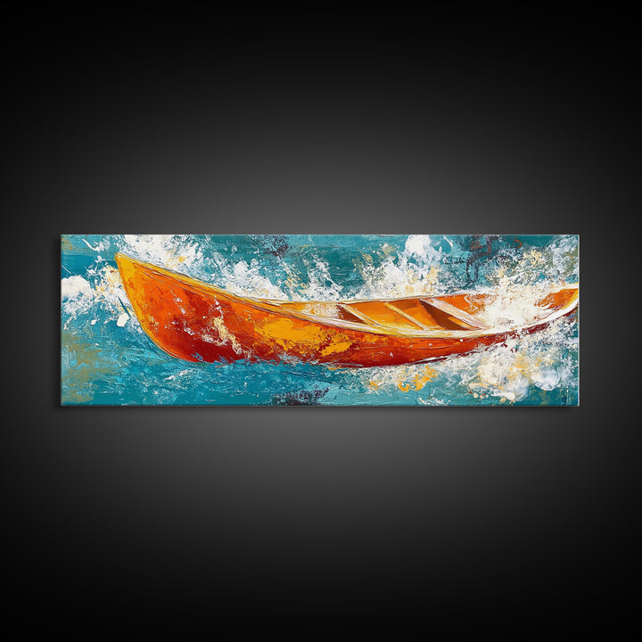 Boat in Waves, coastal wall art, nautical painting, extra wide horizontal art, ocean decor, farmhouse art, framed canvas print