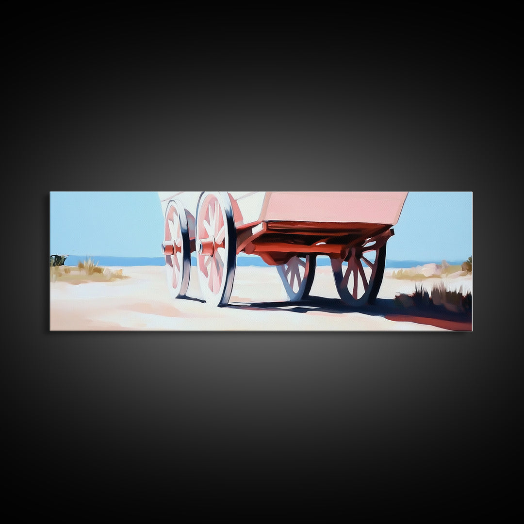 Desert Wagon, rustic western art, cowboy decor, boho wagon painting, farmhouse wall art, extra wide panoramic art, framed canvas print