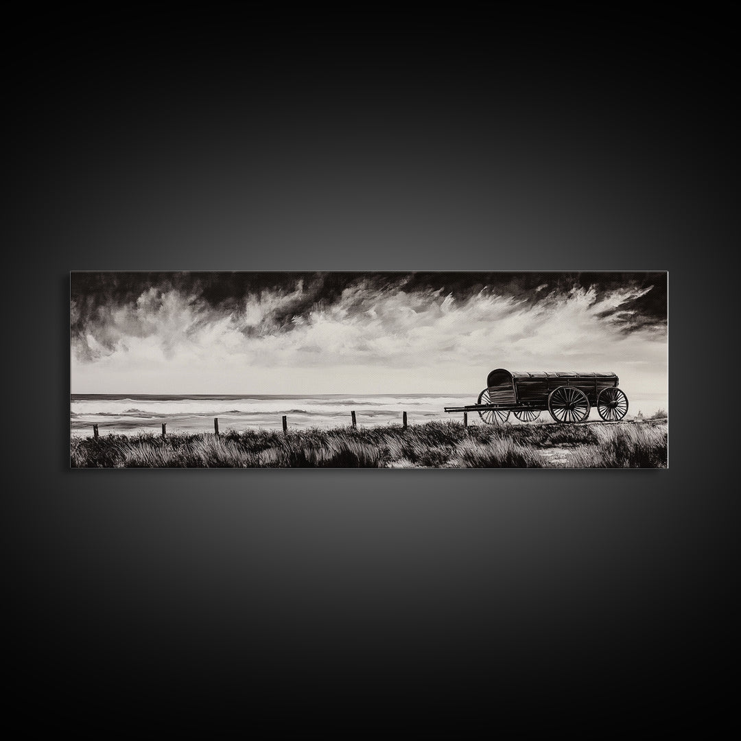 Stormy Wagon, black and white art, moody western painting, rustic decor, farmhouse wall art, extra wide panoramic art, framed canvas print.