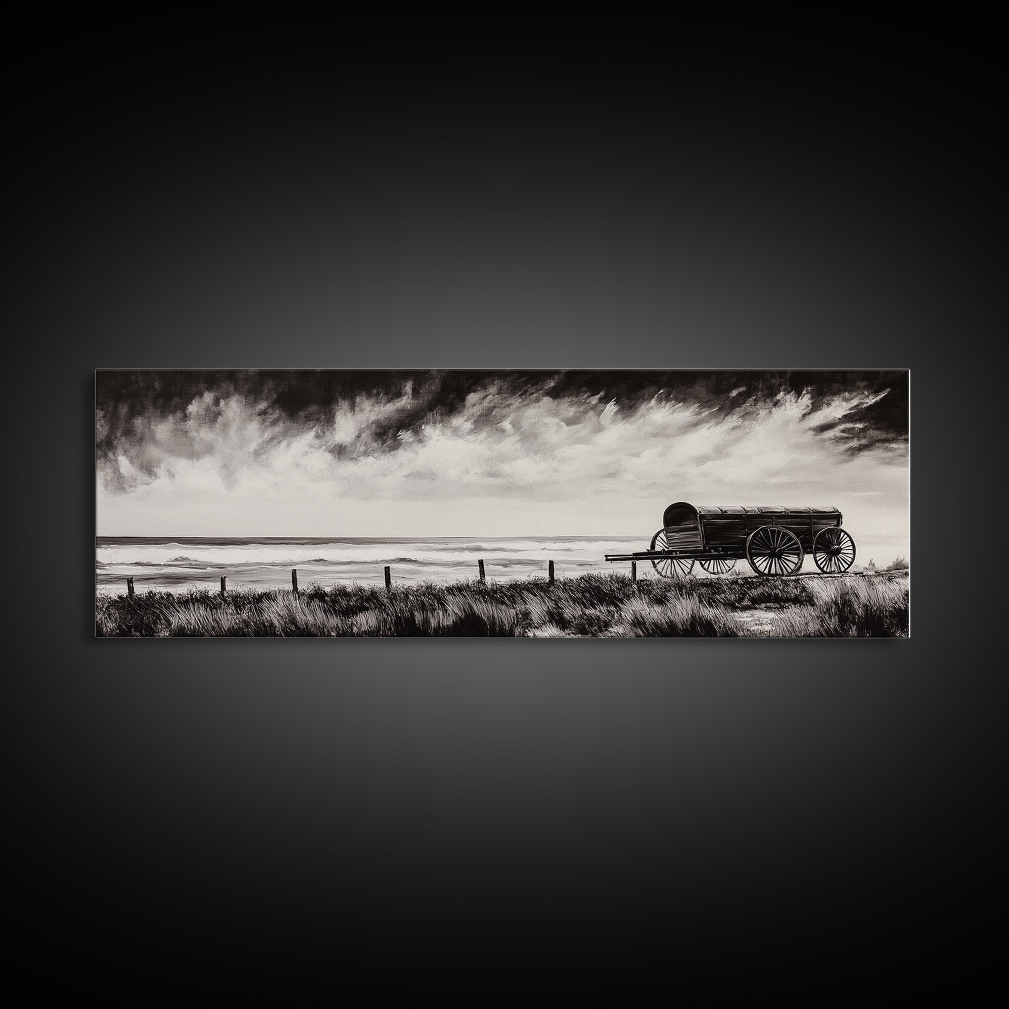 Stormy Wagon, black and white art, moody western painting, rustic decor, farmhouse wall art, extra wide panoramic art, framed canvas print.