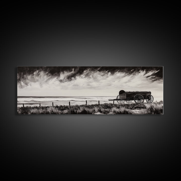 Stormy Wagon, black and white art, moody western painting, rustic decor, farmhouse wall art, extra wide panoramic art, framed canvas print.