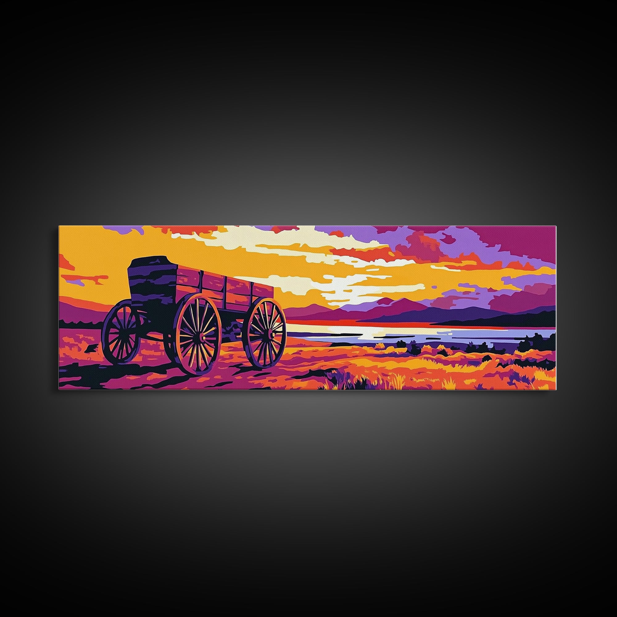 Seaside Wagon, nautical painting, coastal wall art, rustic beach decor, farmhouse art, extra wide panoramic art, framed canvas print