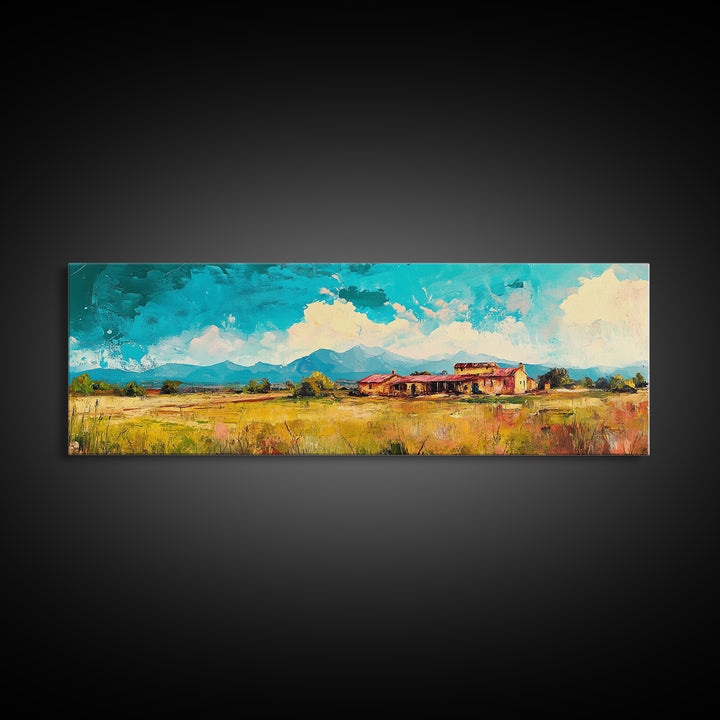 Desert Homestead, western wall art, rustic art, farmhouse painting, southwest landscape painting, extra wide art, framed canvas print