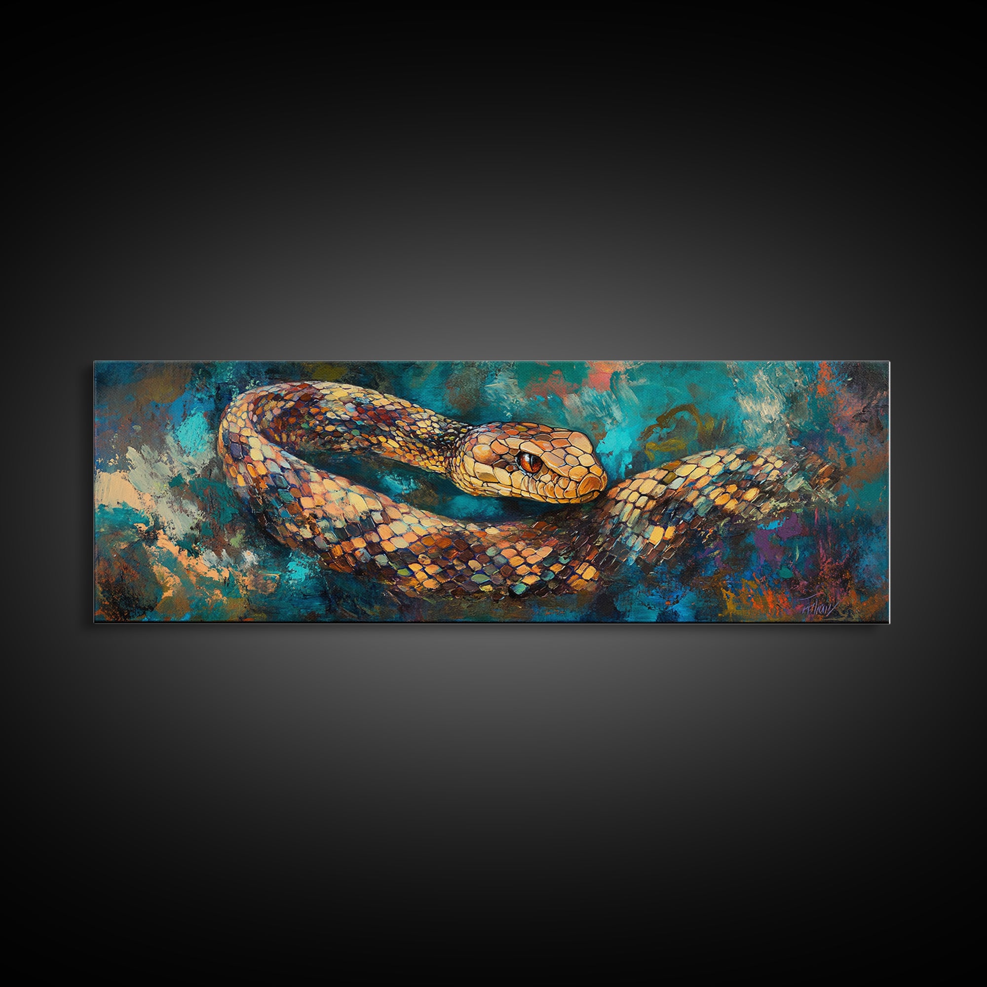 Coiled Serpent, moody art, snake painting, dark romance art, gothic decor, rustic wall art, panoramic wall art, framed canvas print