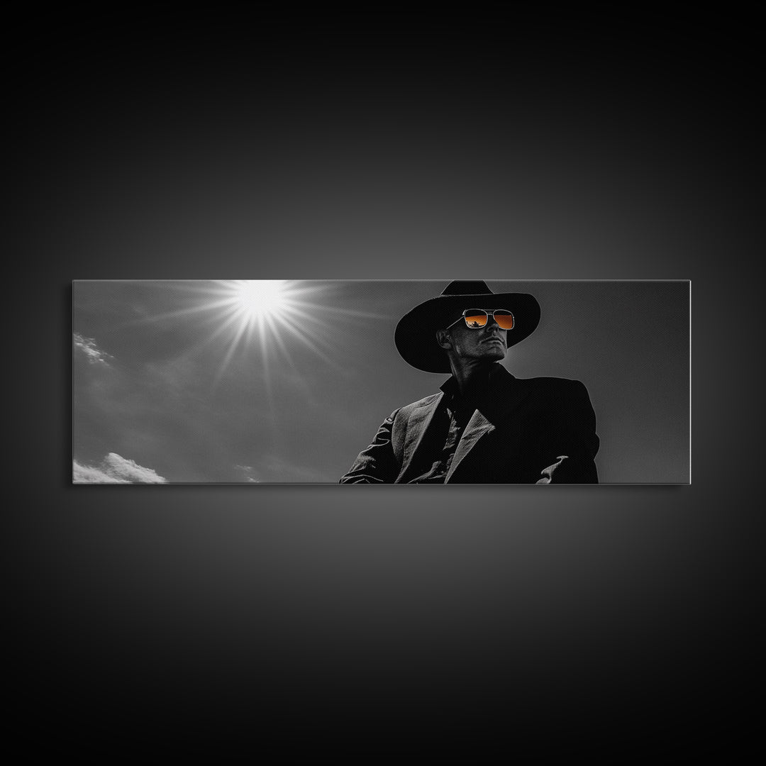 Cowboy, moody art, dark angels wall art, southwest wall art, rustic wall art, western aesthetic, framed canvas print, extra wide art