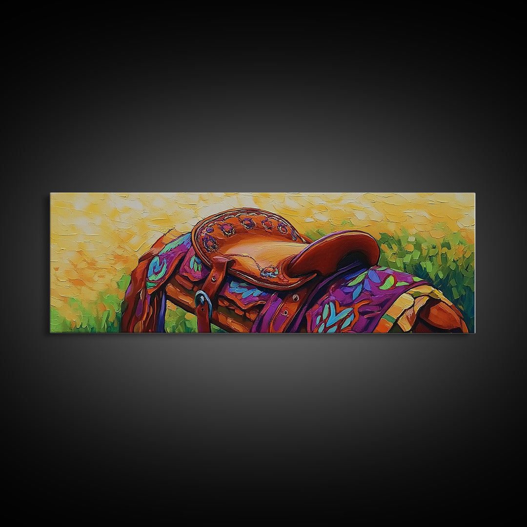 Colorful Saddle Painting, cowboy decor, vibrant rustic wall art, western style art, boho art, southwestern wall art, framed canvas print