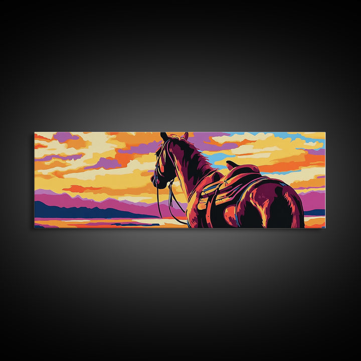 Sunset Horse Painting, southwest wall art, mountain painting, rustic western decor, cowboy wall art, framed canvas print, extra wide art