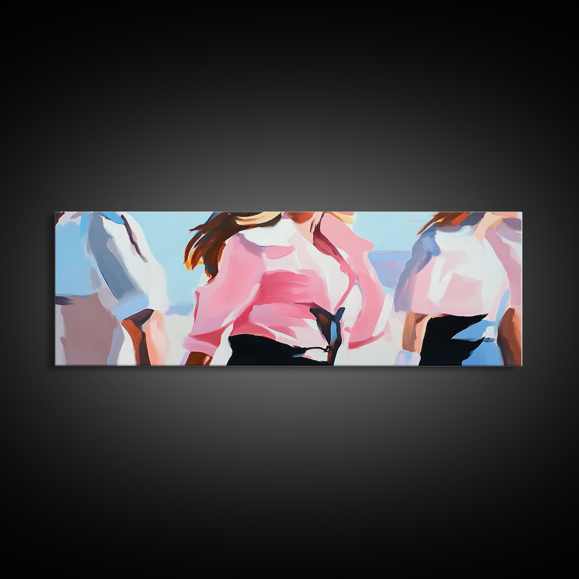 Cowgirl Trio, western art, black cowgirl painting, pink abstract art, extra wide art, light pink wall art, framed canvas print