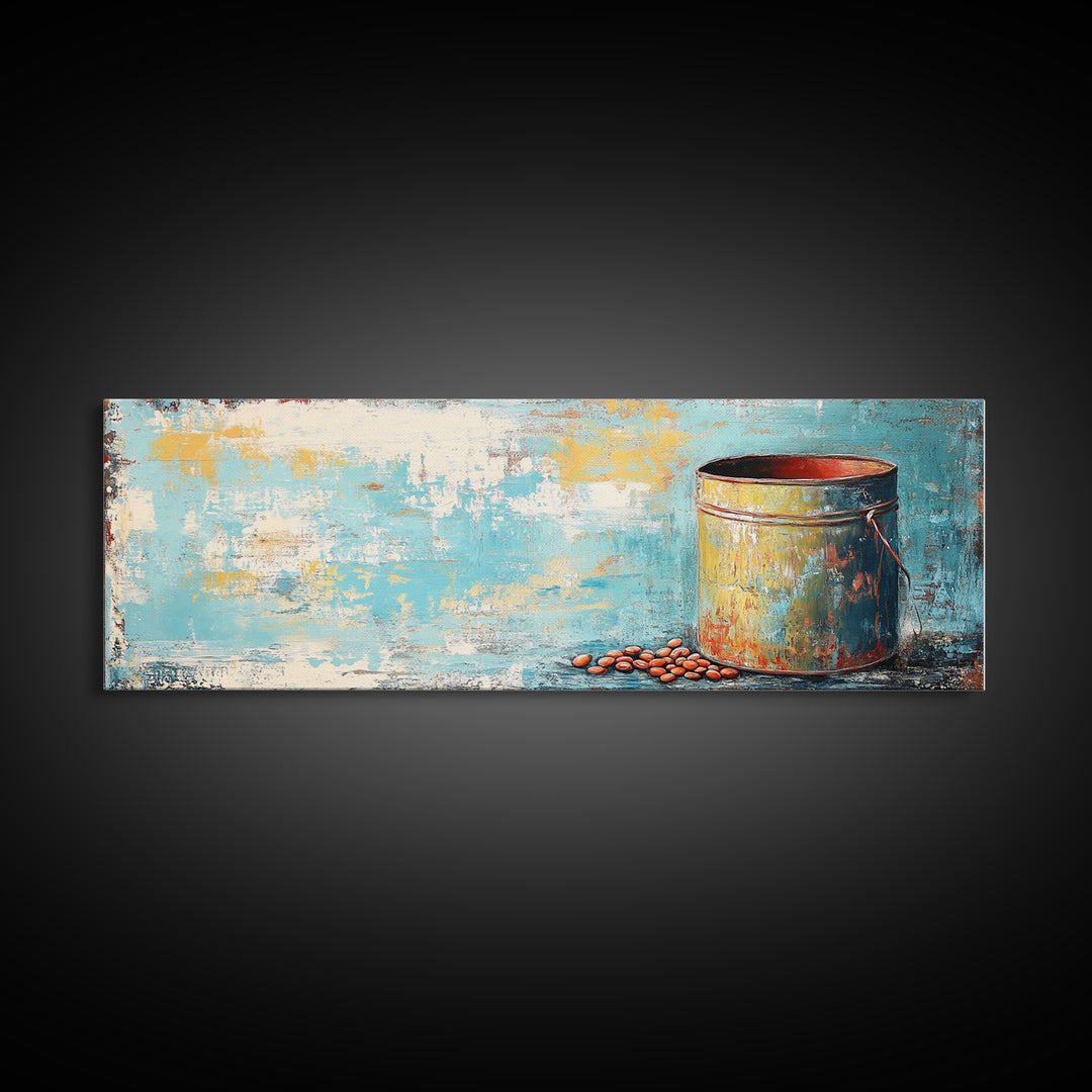 Rustic Tin, wabi sabi art, rustic wall art, teal wall art, farmhouse art, kitchen decor, Framed Canvas Print, above sofa art