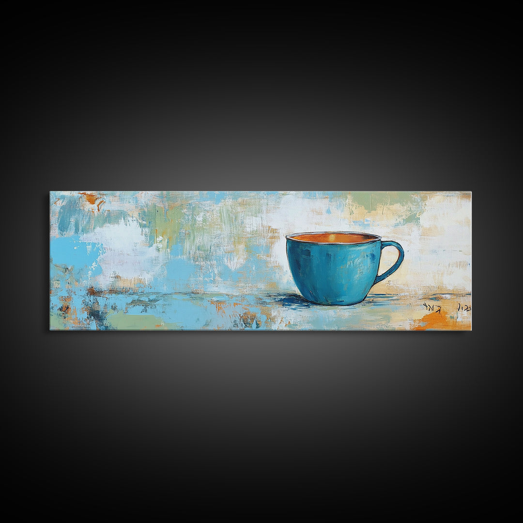 Blue Cup, coffee wall art, kitchen decor, rustic wall art, teal wall art, farmhouse art, Canvas Print, gift idea for her