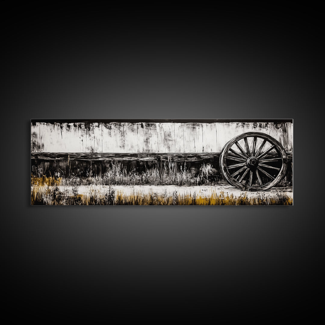 Wagon Wheel, barn landscape oil painting, black and white art, rustic decor, farmhouse art, extra wide art, Framed Canvas Print, moody art
