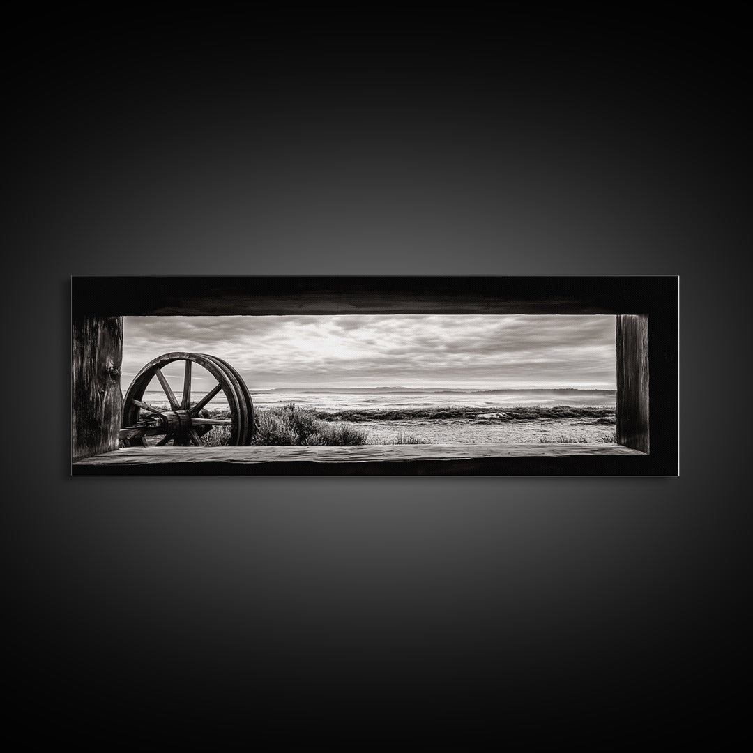 Black White Wagon, rustic decor, panoramic art, moody art, extra wide art, barn landscape oil painting, framed canvas print, living room art