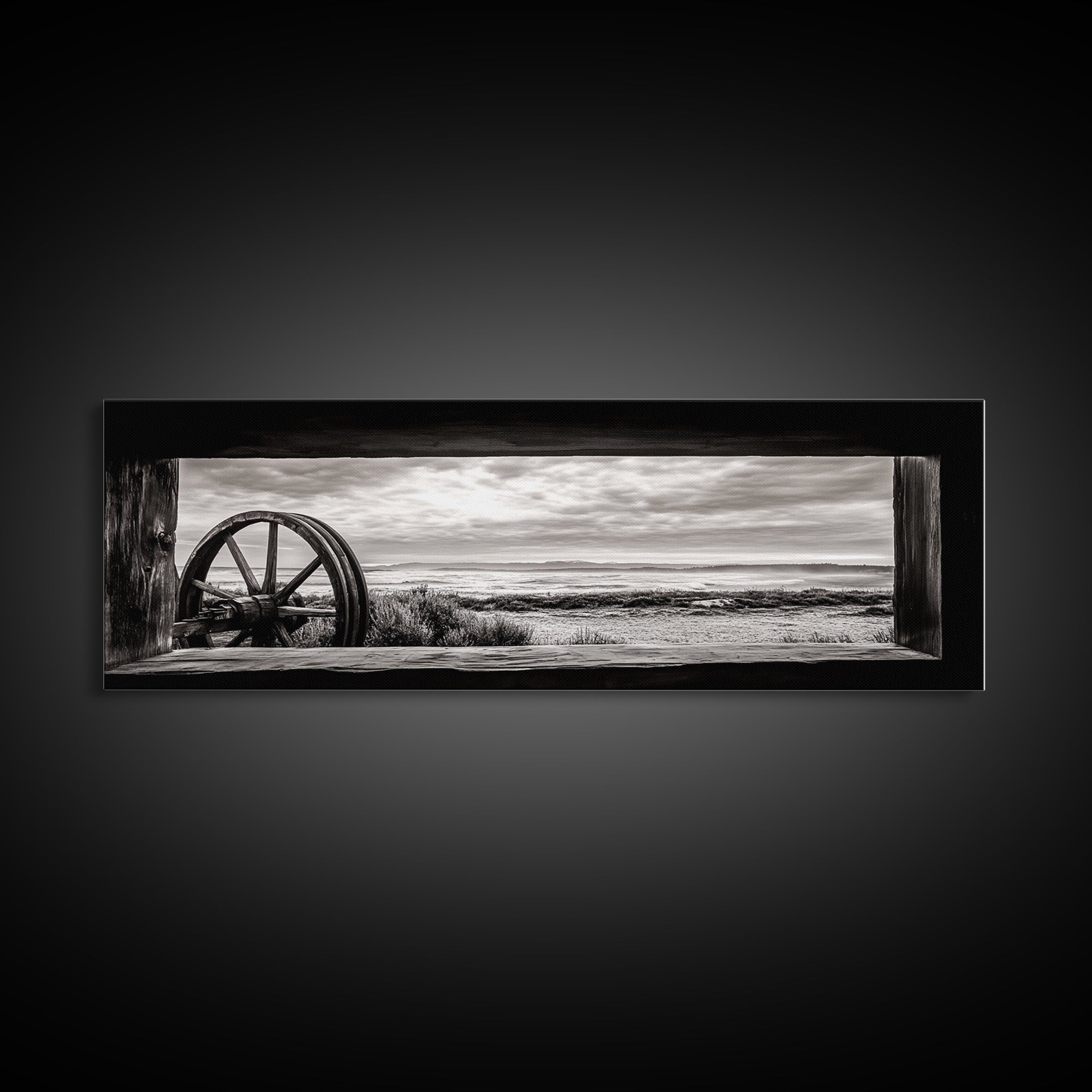 Black White Wagon, rustic decor, panoramic art, moody art, extra wide art, barn landscape oil painting, framed canvas print, living room art