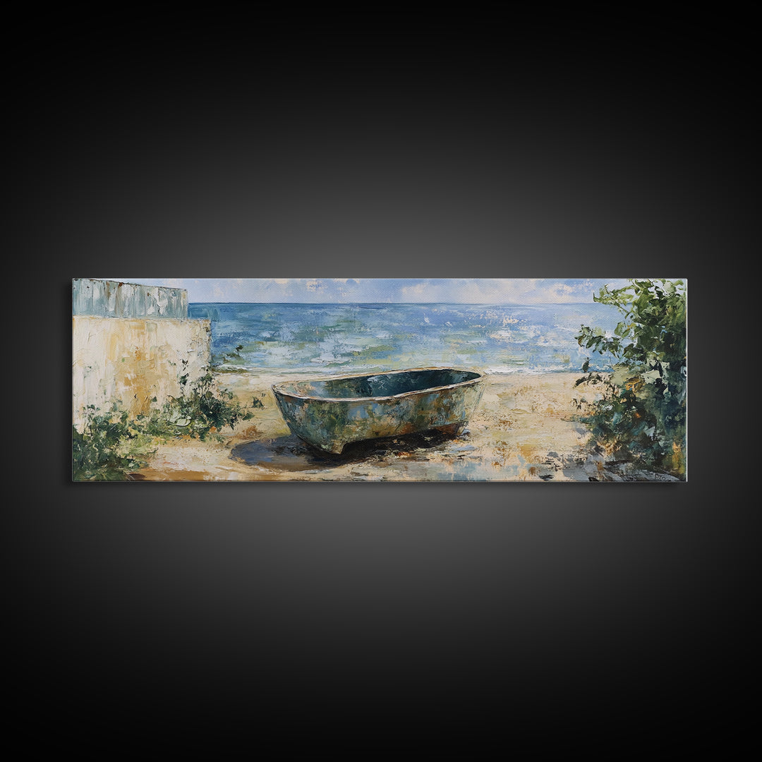 Beach Tub, rustic decor, coastal wall art, wabi sabi art, framed canvas print, farmhouse art, seascape painting, nautical decor