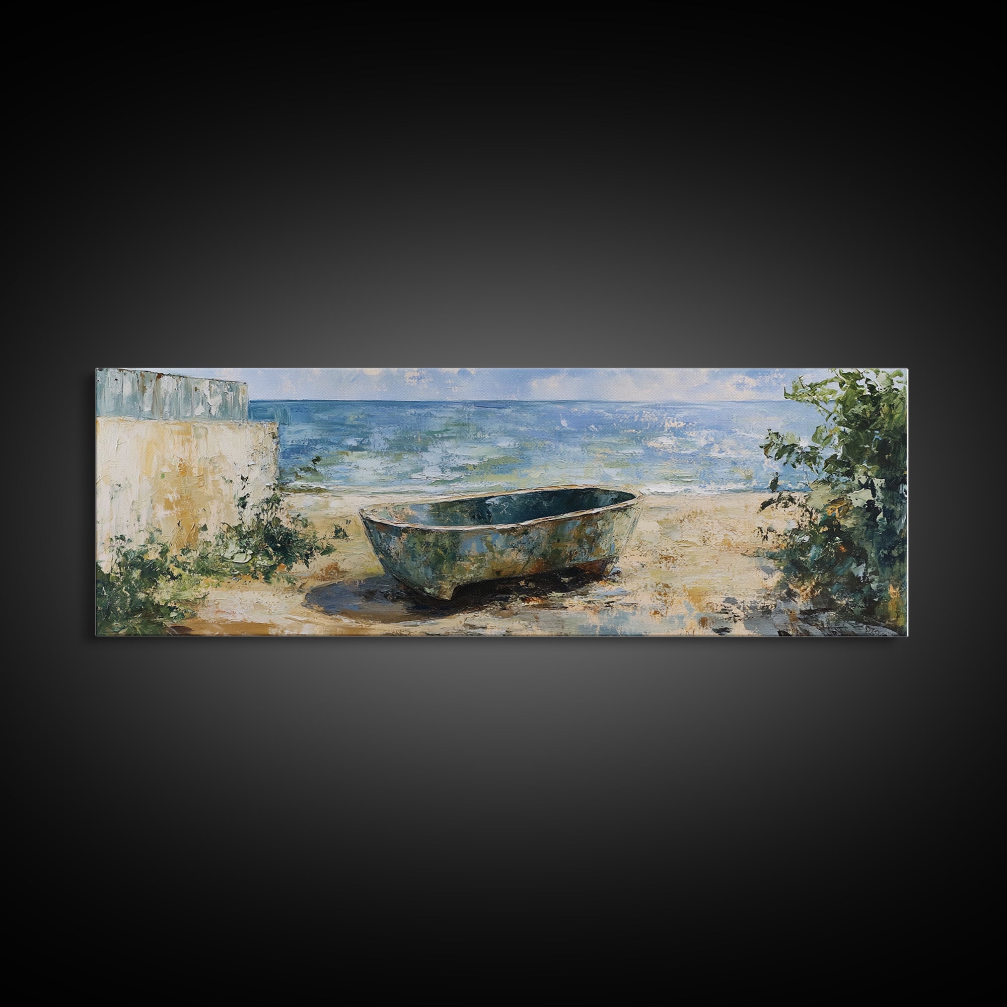 Beach Tub, rustic decor, coastal wall art, wabi sabi art, framed canvas print, farmhouse art, seascape painting, nautical decor