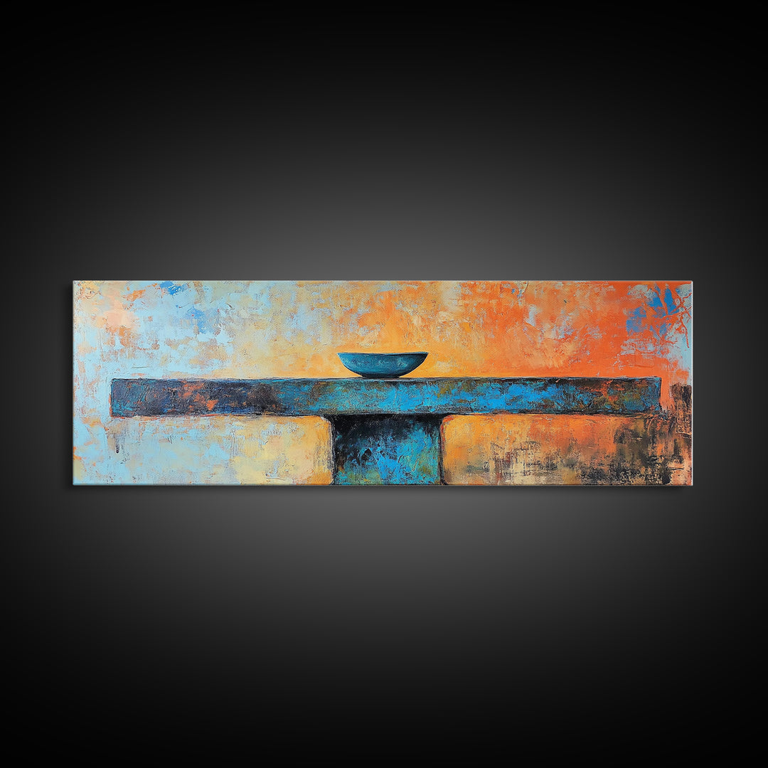 Blue Bowl, minimalist art, wabi sabi art, extra wide art, framed canvas print, sage green wall art, horizontal wall art, therapy art