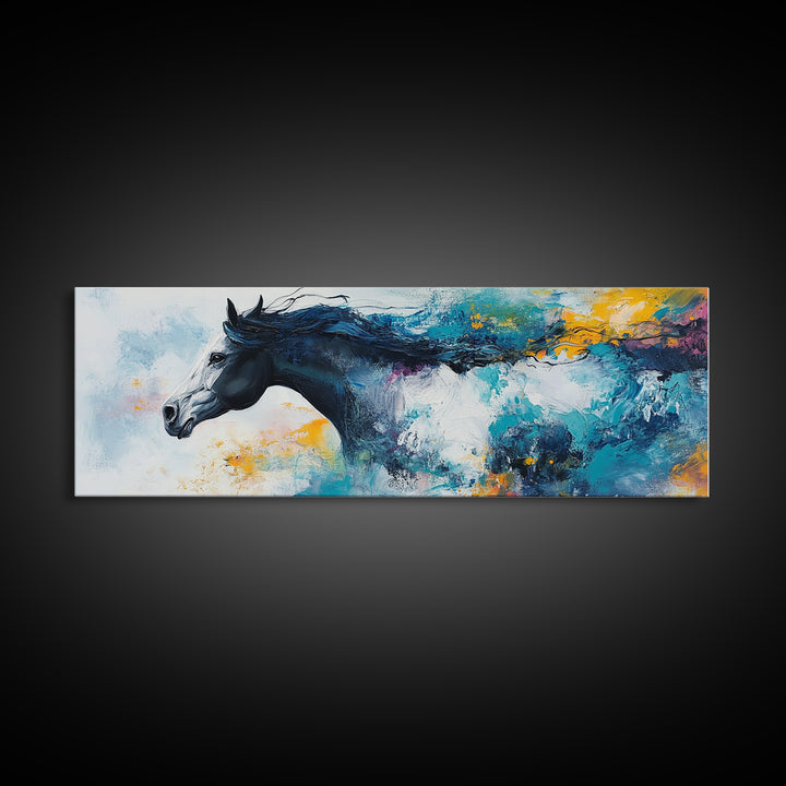 Horse Wall Art, Framed Canvas Print, Extra Wide Art, Blue and Green Wall Art, Moody Art, Rustic Decor, Panoramic Art, Farmhouse Art, Gift Idea for Him