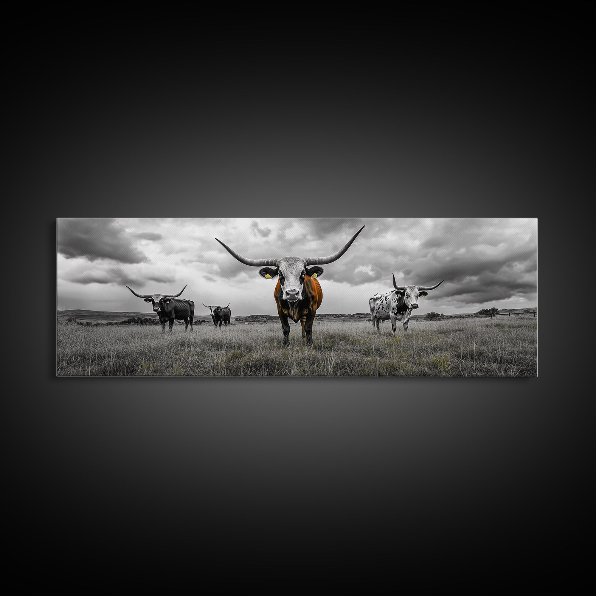 Texas Longhorns, Bull and Bear Art, Rustic Wall Art, Moody Art, Extra Wide Art, Framed Canvas Print, Horizontal Wall Art, Gift Idea