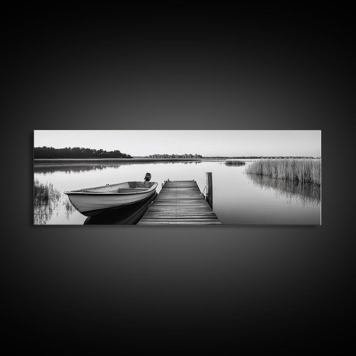 Boat On Dock, Nautical Wall Art, Framed Canvas Print, Coastal Landscape Art, Rustic Decor, Extra Wide Art, Minimalist Art, Bedroom Art