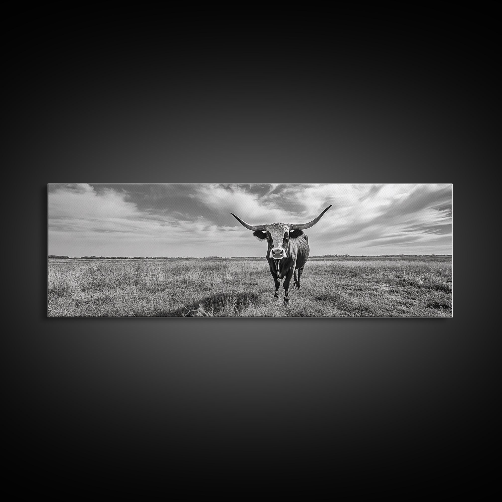 Texas Longhorn, Rustic Wall Art, Canvas Print, Farmhouse Art, Western Decor, Above Bed Art, Extra Wide Art, Moody Black And White Art