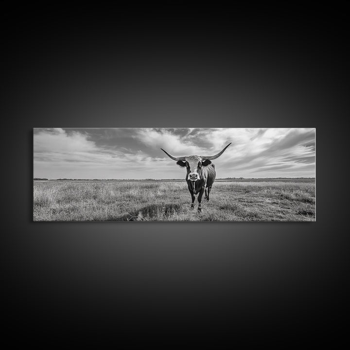 Texas Longhorn, Rustic Wall Art, Canvas Print, Farmhouse Art, Western Decor, Above Bed Art, Extra Wide Art, Moody Black And White Art