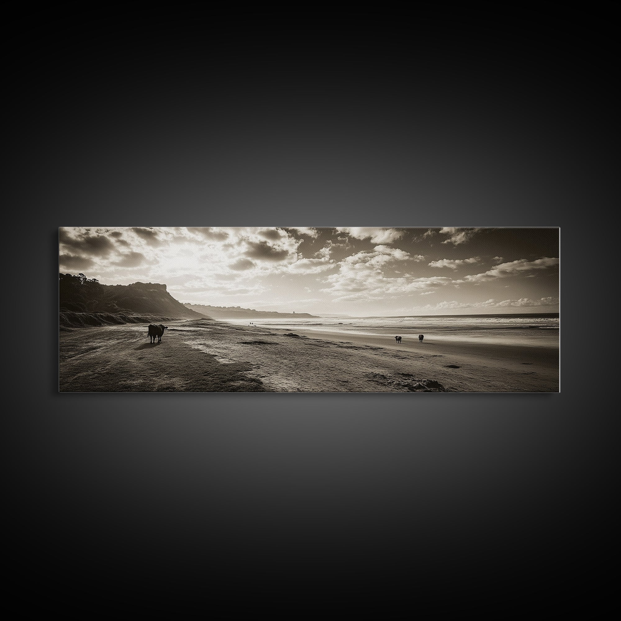 Cattle On Beach, Wabi Sabi Art, Framed Canvas Print, Coastal Landscape Art, Rustic Decor, Extra Wide Art, Moody Art, Minimalist Art