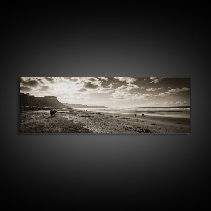 Cattle On Beach, Wabi Sabi Art, Framed Canvas Print, Coastal Landscape Art, Rustic Decor, Extra Wide Art, Moody Art, Minimalist Art