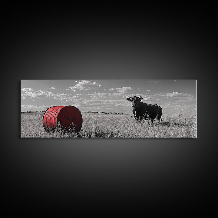 Black Cow, Farmhouse Art, Rustic Decor, Western Wall Art, Long Narrow Wall Art, Moody Art, Extra Wide Art, Framed Canvas Print