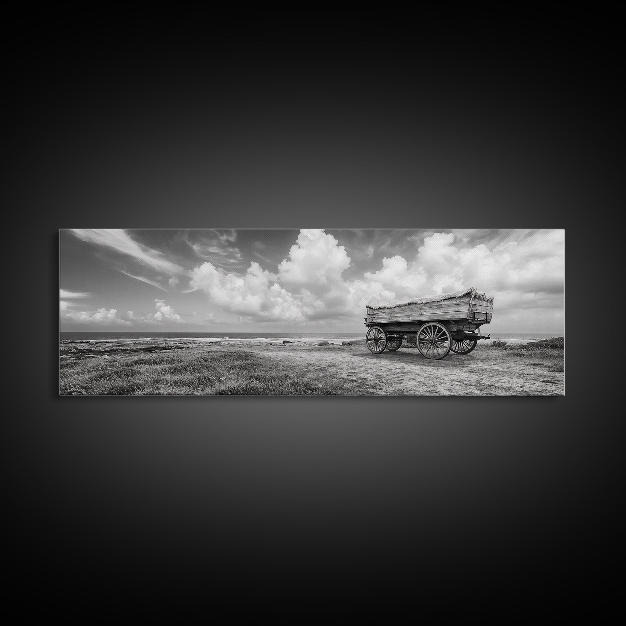 Rustic Wagon, coastal landscape art, extra wide art, panoramic painting, farmhouse art, framed canvas print, nautical wall art