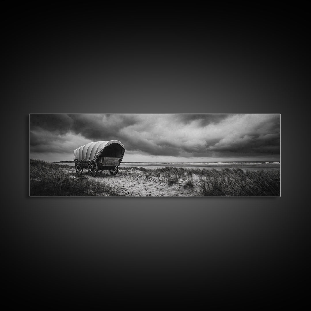 Covered Wagon, coastal cowgirl wall art, rustic decor, farmhouse art, long narrow wall art, framed canvas print, extra wide art