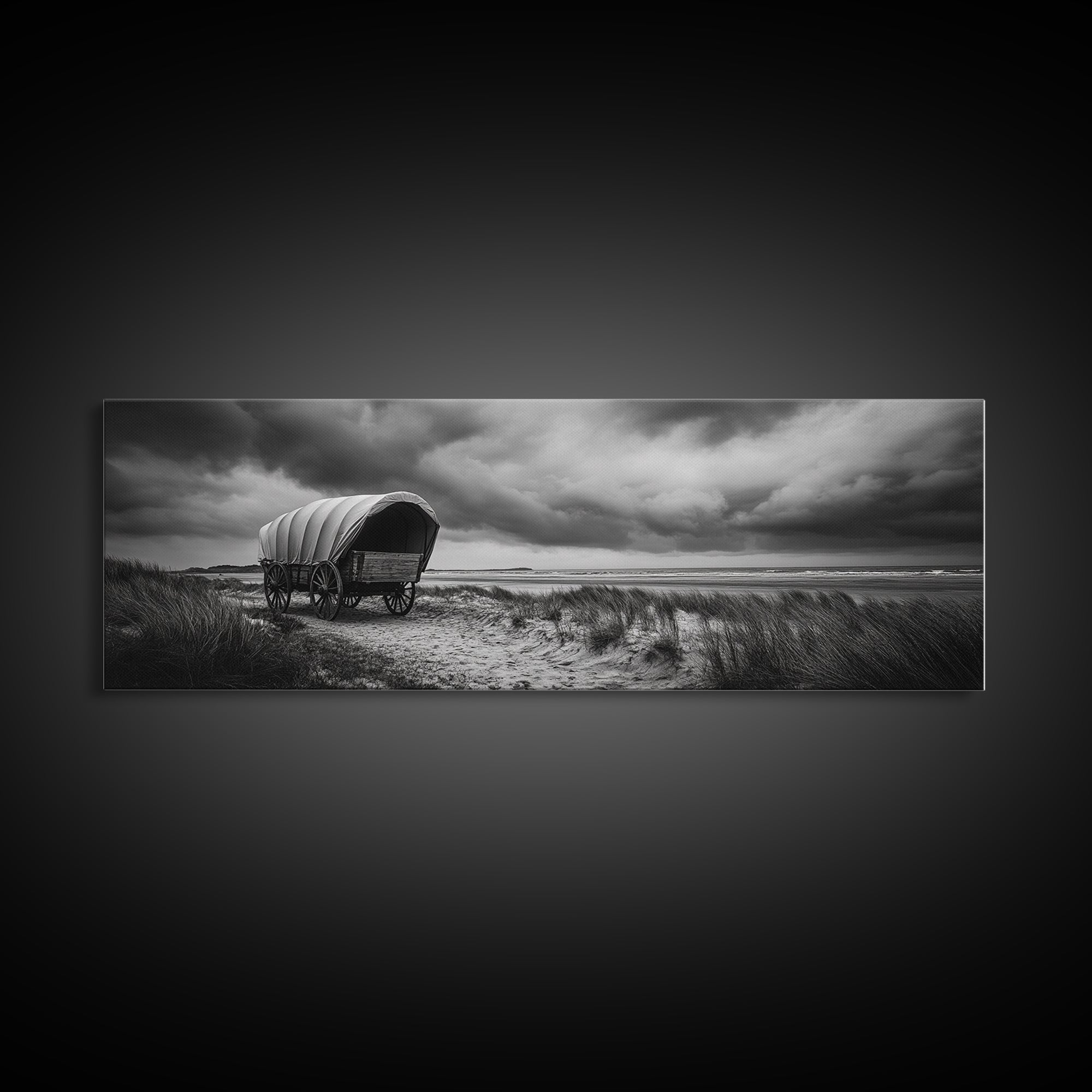 Covered Wagon, coastal cowgirl wall art, rustic decor, farmhouse art, long narrow wall art, framed canvas print, extra wide art