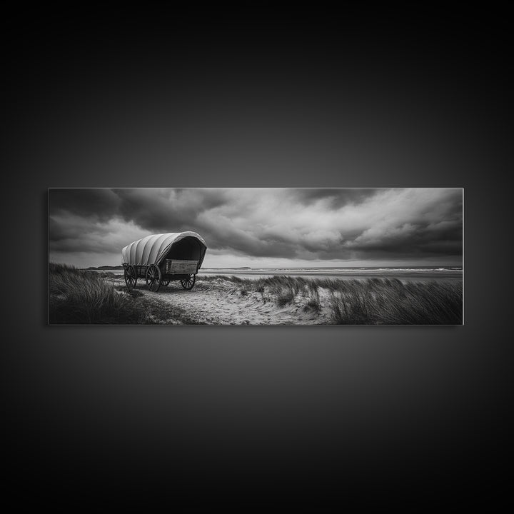 Covered Wagon, coastal cowgirl wall art, rustic decor, farmhouse art, long narrow wall art, framed canvas print, extra wide art