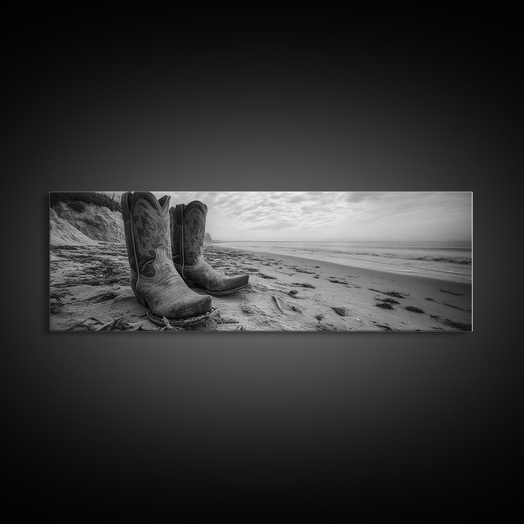 Cowboy Boots, coastal wall art, rustic decor, boho art, wabi sabi art, cowboy painting, framed canvas print, western style decor