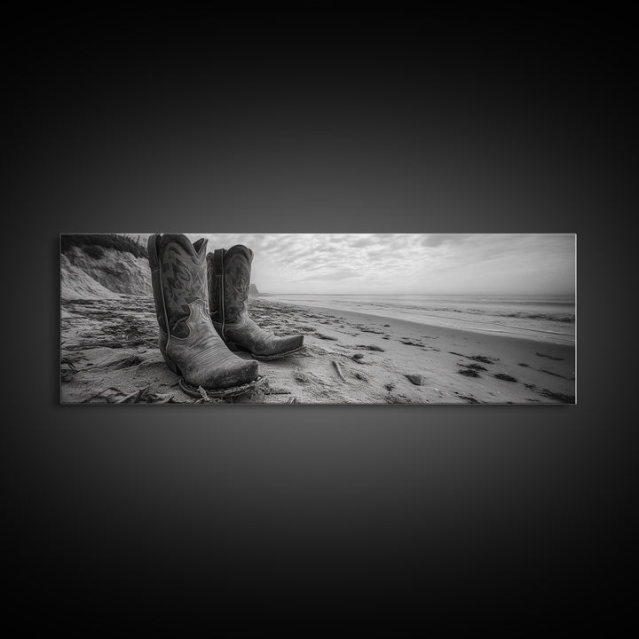 Cowboy Boots, coastal wall art, rustic decor, boho art, wabi sabi art, cowboy painting, framed canvas print, western style decor