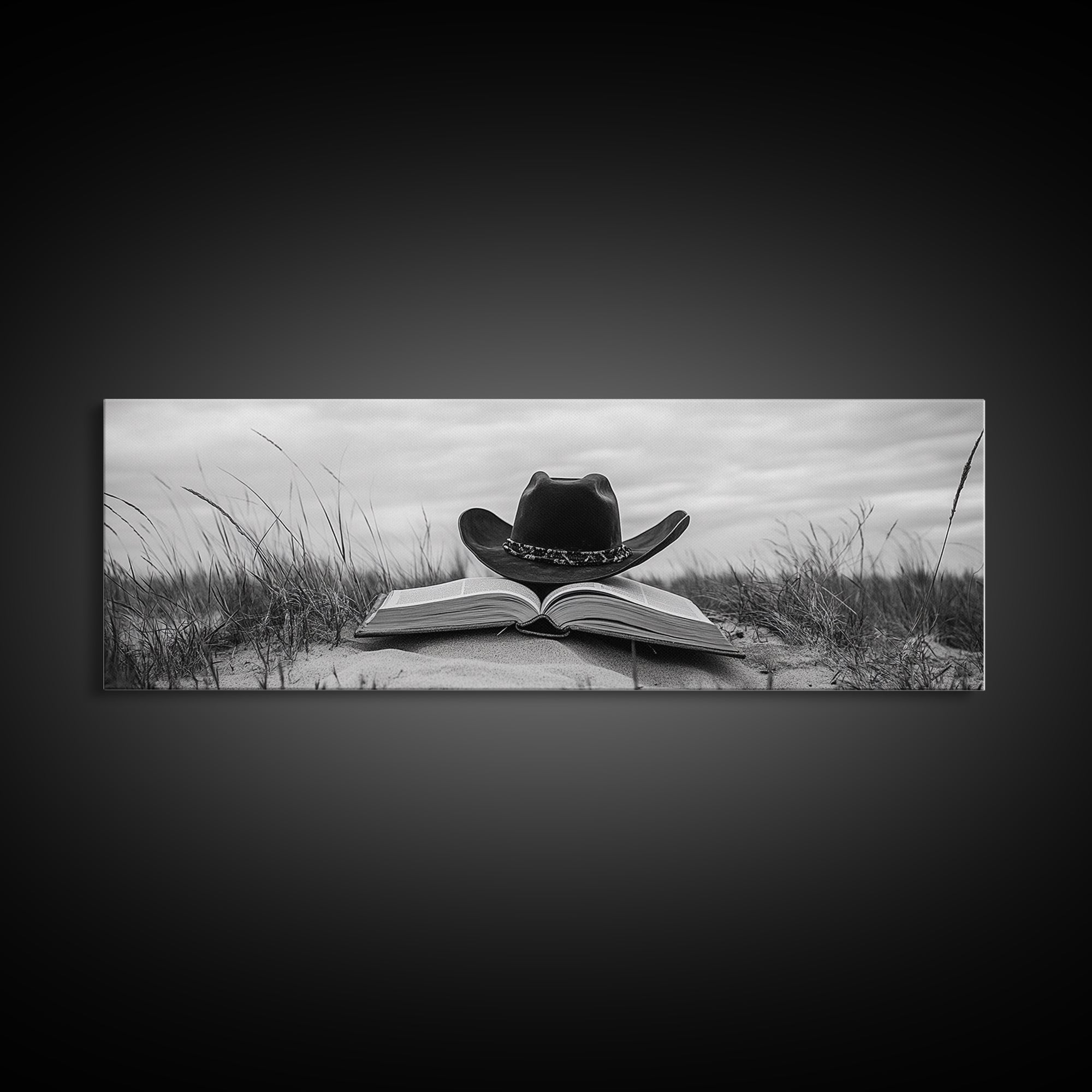 Cowboy Hat, wabi sabi art, rustic decor, farmhouse art, moody art, extra wide art, coastal wall art, framed canvas print, boho art
