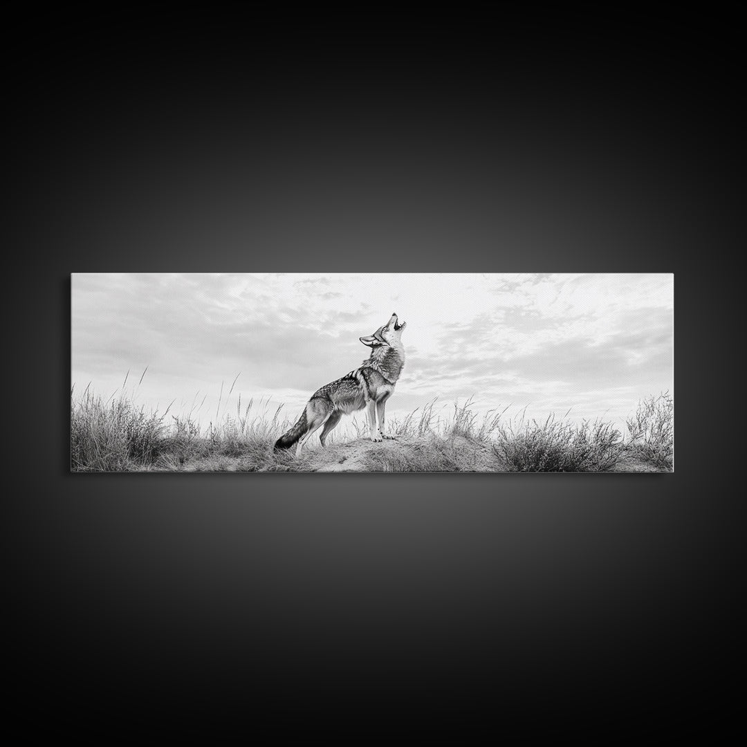 Lone Coyote, southwest wall art, wabi sabi art, extra wide art, moody art, landscape painting, framed canvas print, panoramic art